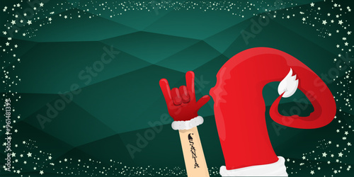 Merry christmas horizontal banner with Santa Claus rock n roll style and santa red hat isolated on green background with stars. Merry Christmas hipster Rock n roll party poster, flyer design template.