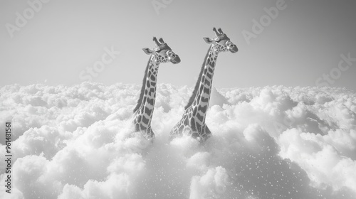 A dreamlike scene captures two giraffes with extended necks soaring above the clouds, their heads pointing to the sky where raindrops fall from a solitary cloud photo