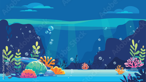 Underwater cartoon background Night Undersea with corals and seaweed, sea bottom, seabed vector illustration flat design solid colors