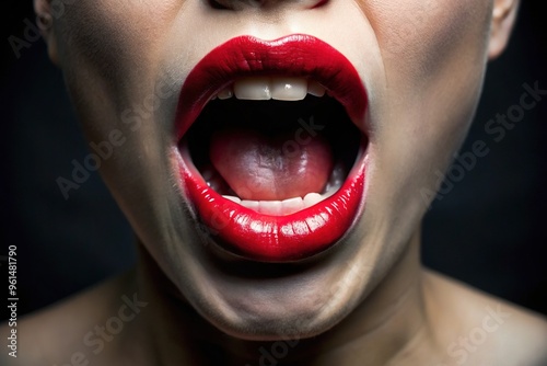 A wide, astonished-looking mouth gapes open in stunned silence, lips parted in a comical pose, set against a blurry, ominous dark backdrop. photo