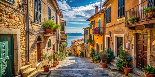 A winding cobblestone street descends to the Mediterranean Sea, lined with ancient stone buildings and ornate wooden balconies in Porto Santo Stefano. photo