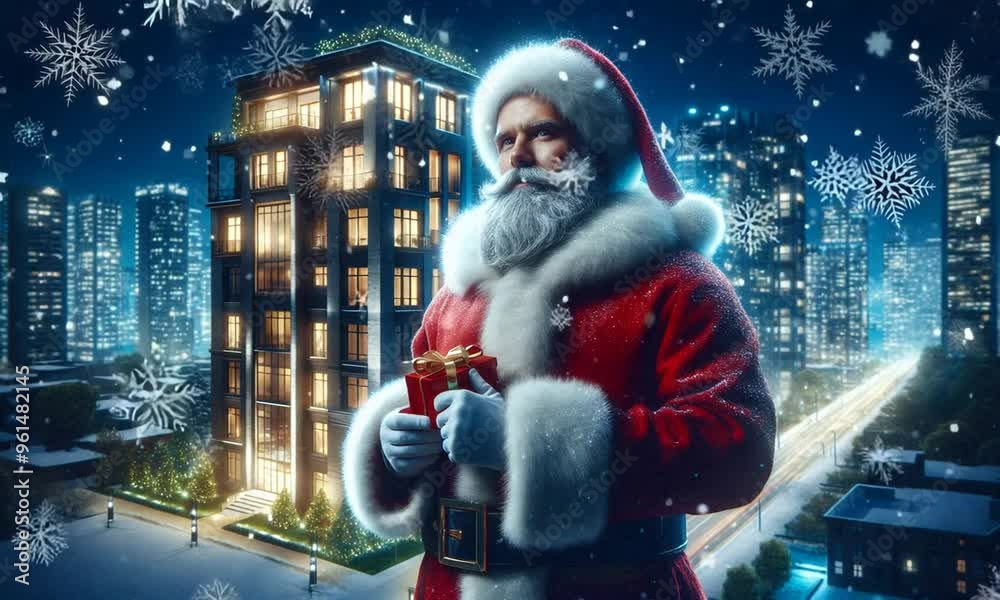 Santa Claus in font of real estate property to buy, sell or rent, use for promotions Santa Claus in font of real estate property to buy, sell or rent, use for promotions