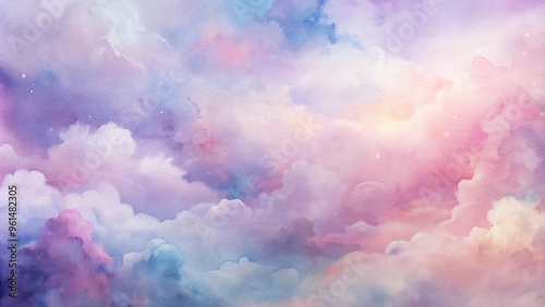 Dreamy watercolor clouds in pastel colors on serene sky background with copy space