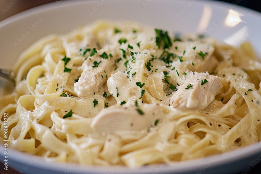 A creamy chicken Alfredo pasta with fettuccine, garnished with parsley and Parmesan A creamy chicken Alfredo pasta with fettuccine, garnished with parsley and Parmesan