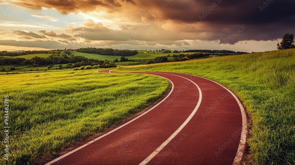 A running track curving through green fields with a dramatic sky in the background. A running track curving through green fields with a dramatic sky in the background.