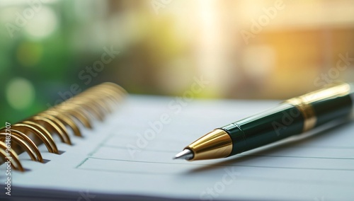 A close-up of a green and gold pen resting on a spiral-bound notebook in a bright, softly blurred workspace setting