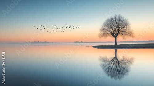 Solitary Tree Reflection in Calm Waters