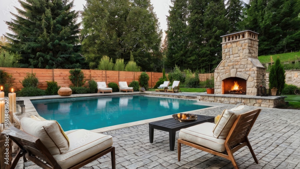Fototapeta premium Outdoor fireplace with cozy seating beside a swimming pool 