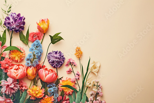 Arrangement of spring flowers against a pastel colors background. Blooming concept. Flat lay