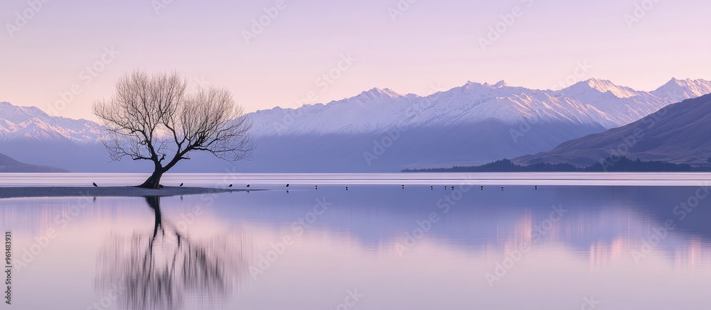 Solitary Tree Reflecting in Still Lake with Snowy Mountain Range Solitary Tree Reflecting in Still Lake with Snowy Mountain Range