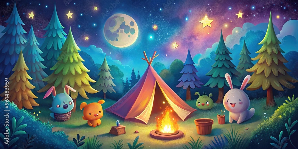 Colorful illustration of a whimsical campsite featuring a brightly lit tent, stars twinkling above, and a happy campfire surrounded by animated forest creatures. Colorful illustration of a whimsical campsite featuring a brightly lit tent, stars twinkling above, and a happy campfire surrounded by animated forest creatures.