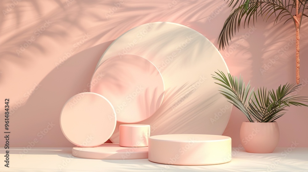 Fototapeta premium Minimalist Product Display with Pink and White Circles and Palm Leaves