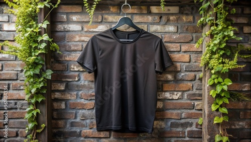A plain T-shirt hanging on a hanger, placed against an industrial concrete wall background adorned with fresh flowers in vases photo