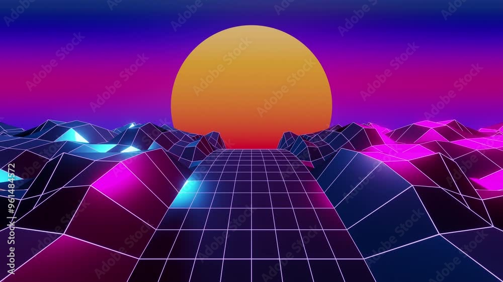 Neon Retro Sythwave outrun style Polygonal Road Animated Background with seamless Looping UHD 4K 02 Pink Blue Purple Violet Magenta