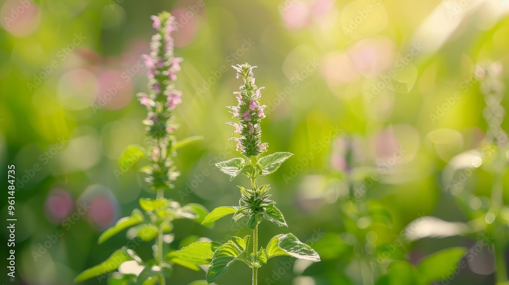 green leaves in focus, pink blooms in foreground, softly blurred background green leaves in focus, pink blooms in foreground, softly blurred background