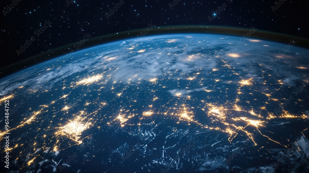 Obraz premium A stunning image of the Earth at night, highlighting the vibrant lights of cities and the connections between them.