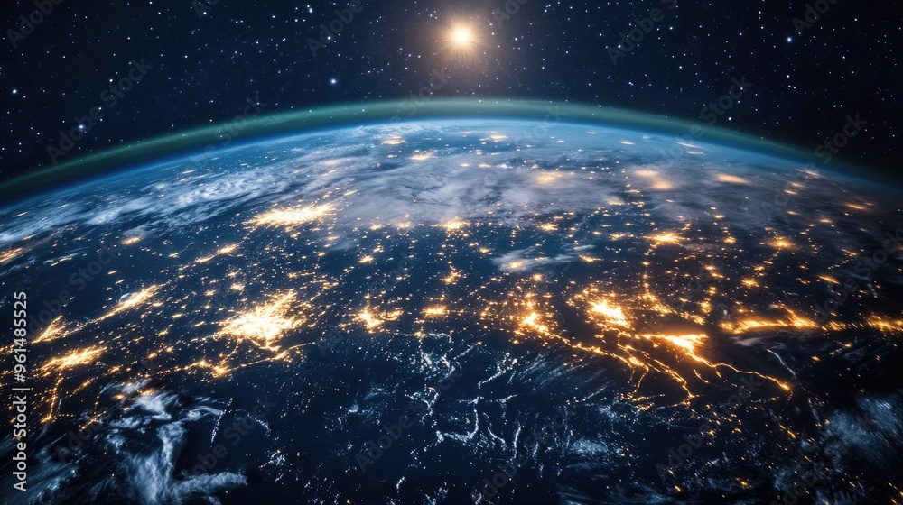 Obraz premium A stunning image of the Earth at night, highlighting the vibrant lights of cities and the connections between them.