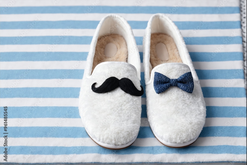 White fuzzy slippers with black mustache and blue bowtie White fuzzy slippers with black mustache and blue bowtie