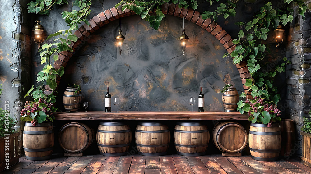 Obraz premium Wine bottles standing on a wooden shelf with wooden barrels and grapevines in a wine cellar