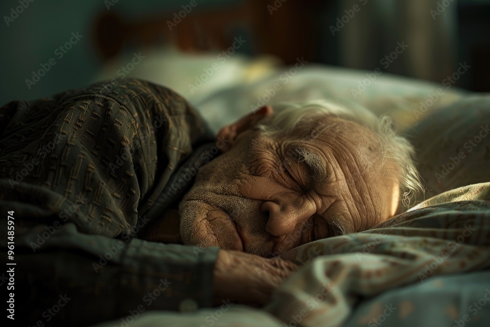Elderly Man Sleeping Peacefully in Bed with Morning Light Elderly Man Sleeping Peacefully in Bed with Morning Light