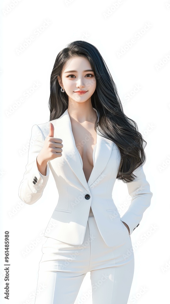 A young woman in a sleek white suit gives a thumbs up, radiating confidence with her long black hair styled elegantly. A young woman in a sleek white suit gives a thumbs up, radiating confidence with her long black hair styled elegantly.