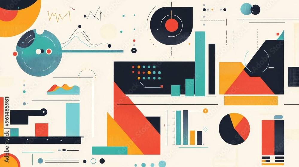 Obraz premium A modern illustration depicting various data visualizations, emphasizing the use of charts and graphs to analyze and understand marketing trends and performance. The flat design aesthetic conveys simp