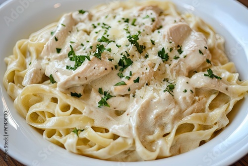 A creamy chicken Alfredo pasta with fettuccine, garnished with parsley and Parmesan