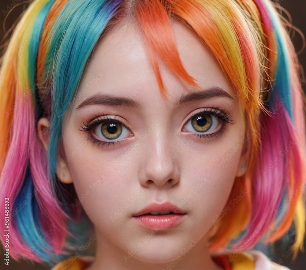 Close-up of an anime-inspired girl with large, expressive eyes and colorful hair, featuring detailed and soft lighting. Close-up of an anime-inspired girl with large, expressive eyes and colorful hair, featuring detailed and soft lighting.