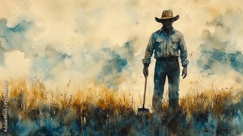 nostalgic watercolor painting of a curious farmer figure holding a pitchfork soft muted earth tones with loose expressive brushstrokes rustic charm and timeless agricultural themes