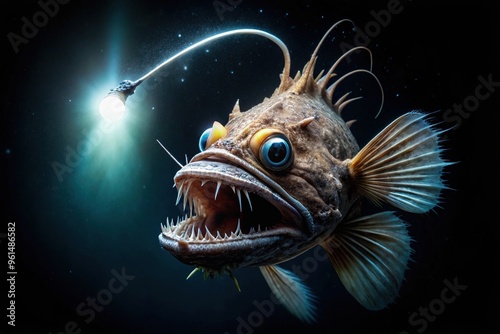 In the dark abyssal ocean, a deep-sea anglerfish hangs motionless, its bioluminescent lure glowing like a beacon on the end of a fishing rod, attracting unsuspecting prey.