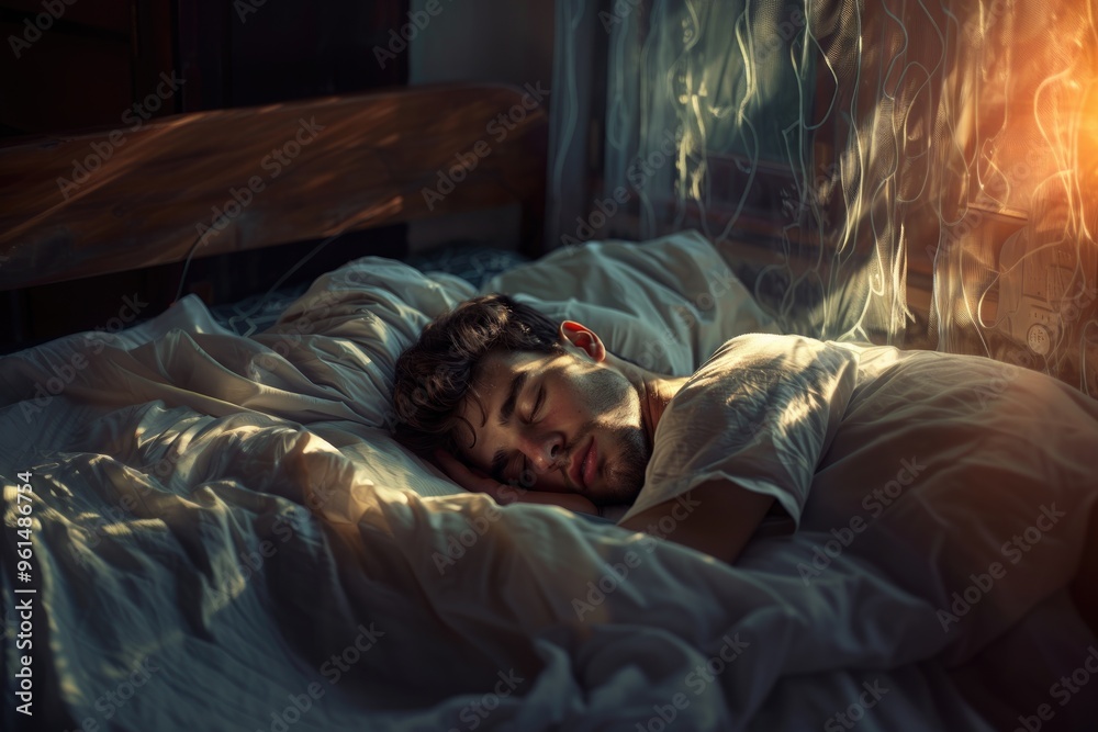 Close-Up of Bearded Man Sleeping Peacefully on Soft Blanket in Natural Light Close-Up of Bearded Man Sleeping Peacefully on Soft Blanket in Natural Light