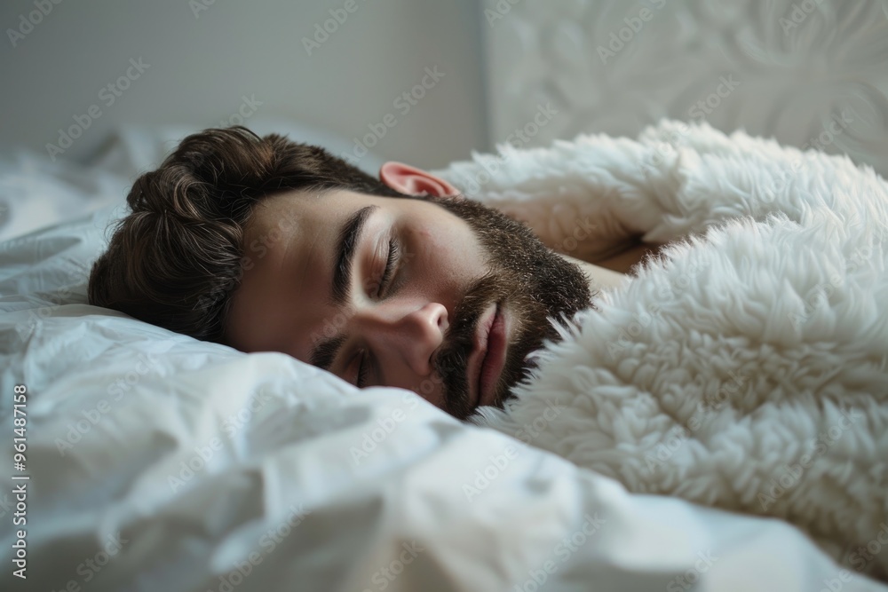 Close-Up of Bearded Man Sleeping Peacefully on Soft Blanket in Natural Light Close-Up of Bearded Man Sleeping Peacefully on Soft Blanket in Natural Light