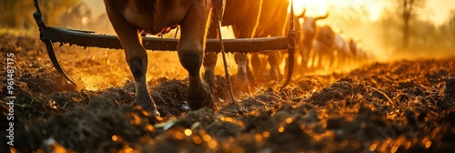 A pair of oxen work tirelessly in a field, pulling a plow through the rich soil. The setting sun casts a warm glow on the scene, highlighting the animals' powerful muscles and the strength of the yoke