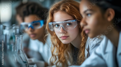 Focused Young Scientist in Lab Coat and Goggles