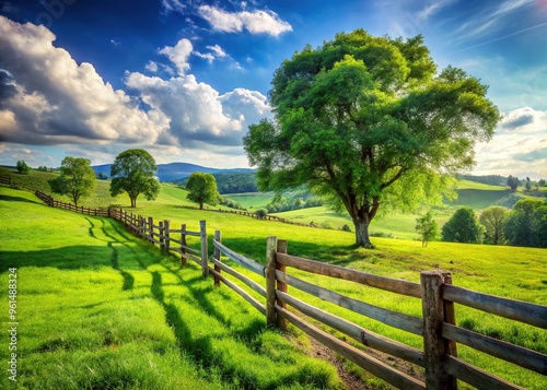 Rustic wooden fence surrounding a lush green pasture with a few trees, showcasing a serene countryside scenery on a sunny day. photo