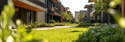 A picturesque view of a modern residential development, showcasing meticulously landscaped grounds with lush green grass, vibrant shrubs, and manicured pathways. The design emphasizes a harmonious bal photo