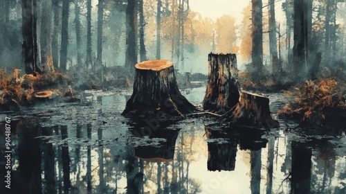 A poignant image of deforestation, showcasing two tree stumps standing tall in a misty forest, their reflections mirroring the loss and impact on the environment. The stumps symbolize resilience, the  photo