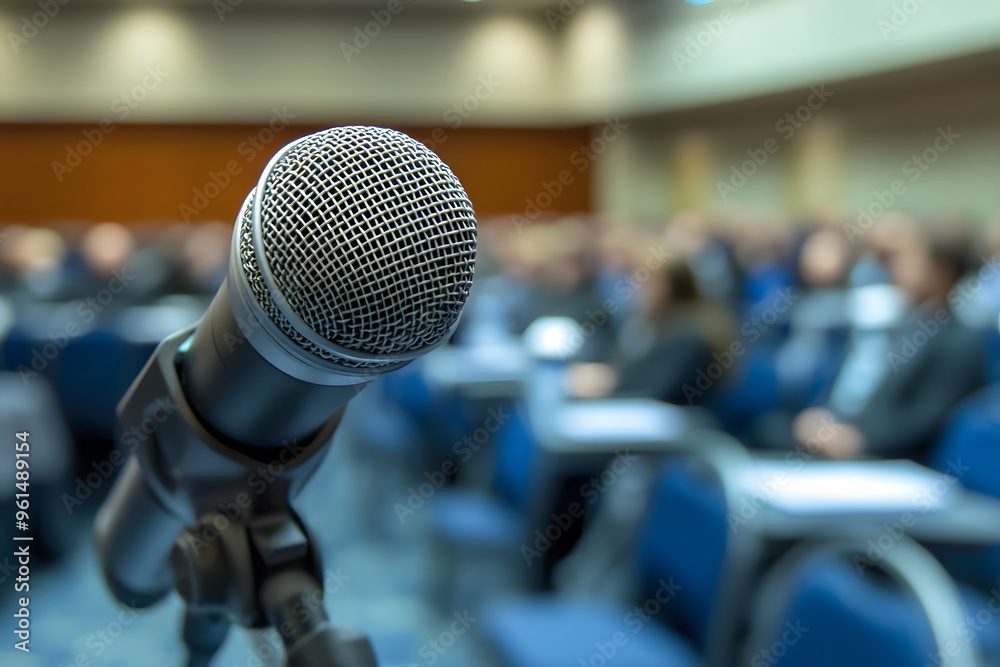 Close-up of a microphone in a conference room with a blurred background of attendees. Close-up of a microphone in a conference room with a blurred background of attendees.