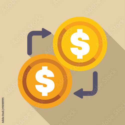 Two gold coins with dollar signs transferring money between accounts symbolizing currency exchange