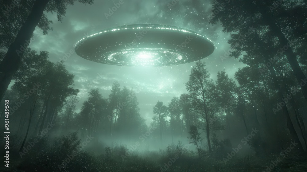 otherworldly scene of a sleek metallic ufo hovering above a misty forest clearing eerie blue light emanating from the craft casting long shadows across the trees stars twinkling in the night sky