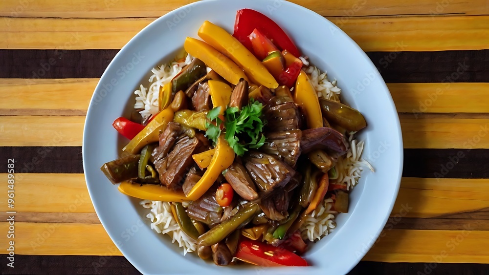 Delicious Lomo Saltado with fried pieces of beef, onions and potatoes, Peruvian cuisine Delicious Lomo Saltado with fried pieces of beef, onions and potatoes, Peruvian cuisine