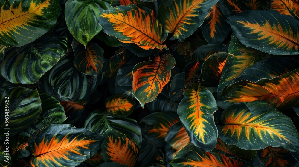 Naklejka premium A layer of green and orange leaves covering another layer of identical leaves