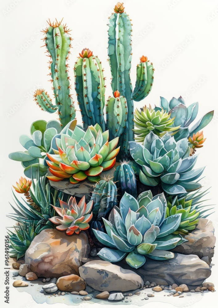 Watercolor Illustration of Desert Succulents Watercolor Illustration of Desert Succulents