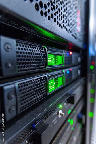 Close-Up View of Servers in Data Center Modern Technology and Network Infrastructure