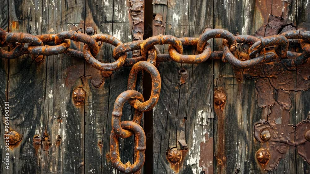 Old rusty chains bound to a weathered wooden door in an abandoned structure Old rusty chains bound to a weathered wooden door in an abandoned structure