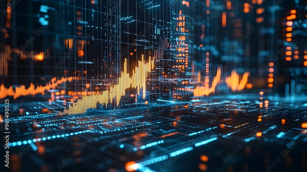 Fototapeta premium Dynamic holographic visualization illustrating the latest trends and fluctuations in the cryptocurrency market using futuristic digital data analytics and financial charting