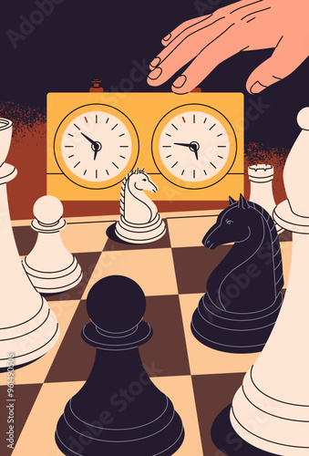 People play chess, tactic board game with figures. Hand presses to clock to end of move. White and black chessmen are on chessboard poster. Concept of business strategy. Flat vector illustration