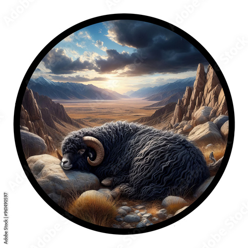 A circular 3D rendered illustration of a male Karakul sheep, isolated on a transparent background photo