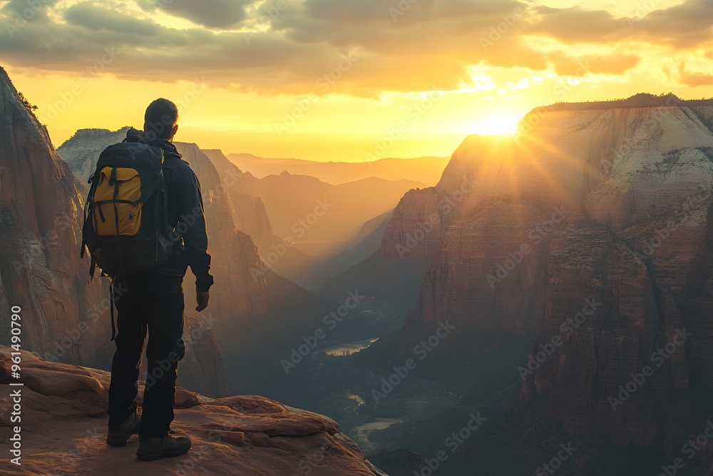 Fototapeta premium Man Standing on a Cliff Looking at a Mountain Range Sunset