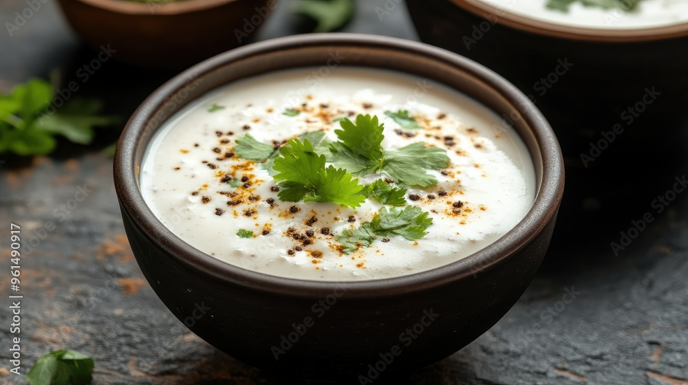Refreshing Raita in a bowl, garnished with cumin seeds and coriander. Copy space available.